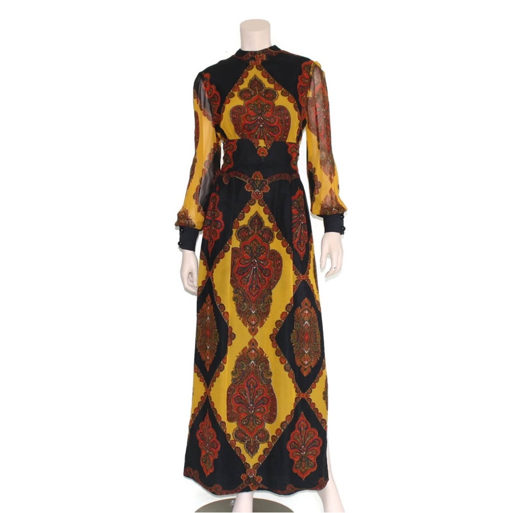 Paisley balloon sleeve dress, Vintage 60s maxi, yellow & black gown 70s goddess
